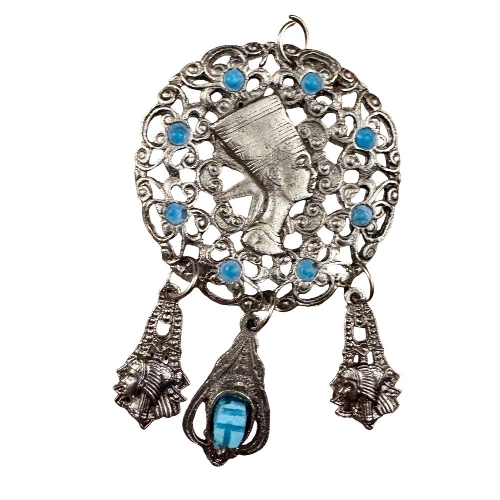 Boho‎ Amulet Pendant Hamsa Hand Blue Evil Eye Silver Tone Filigree Medallion